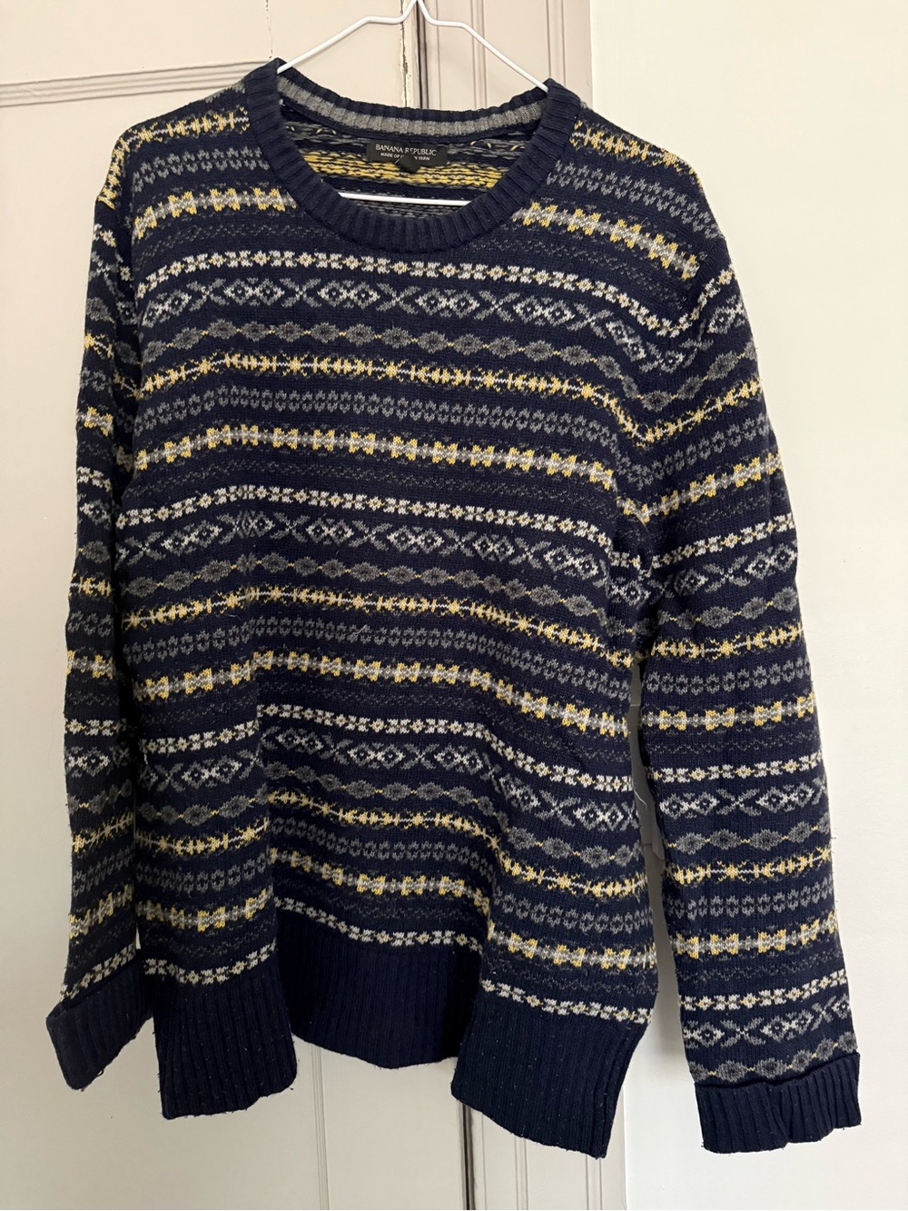 Banana Republic Navy, Gray & Yellow Fair Isle Crewneck Sweater